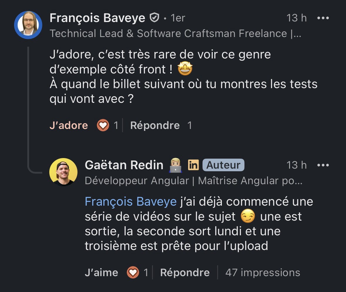 Échange LinkedIn avec François Bayeye (Technical Lead) appréciant les exemples frontend : "J'adore, c'est très rare de voir ce genre d'exemple côté front !"
